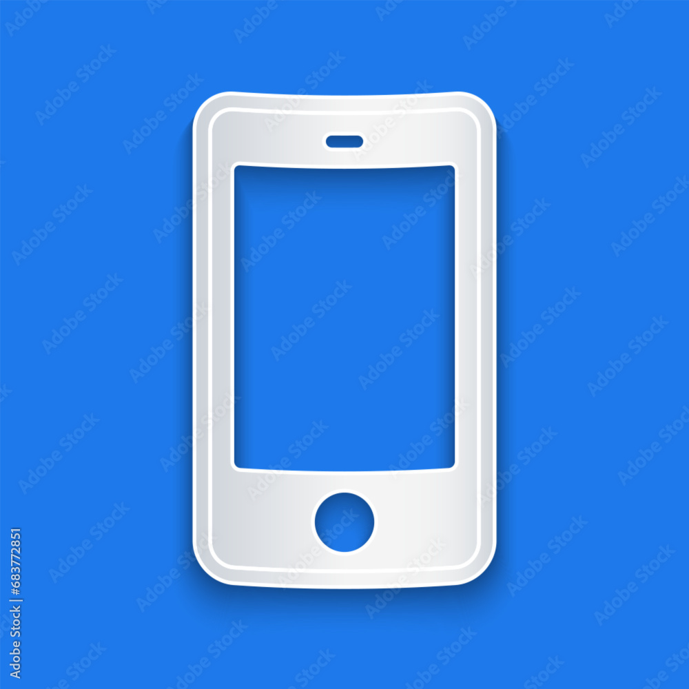 Paper cut Smartphone, mobile phone icon isolated on blue background. Paper art style. Vector Paper cut Smartphone, mobile phone icon isolated on blue background. Paper art style. Vector
