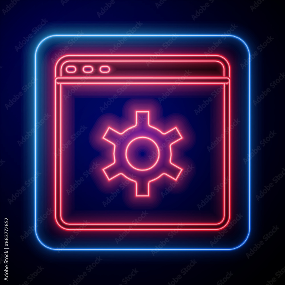 Glowing neon Browser setting icon isolated on black background. Adjusting, service, maintenance, repair, fixing. Vector Glowing neon Browser setting icon isolated on black background. Adjusting, service, maintenance, repair, fixing. Vector