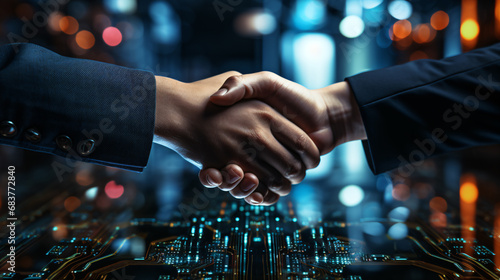 Two people shake hands on business. Technology and circuit boards in the background photo