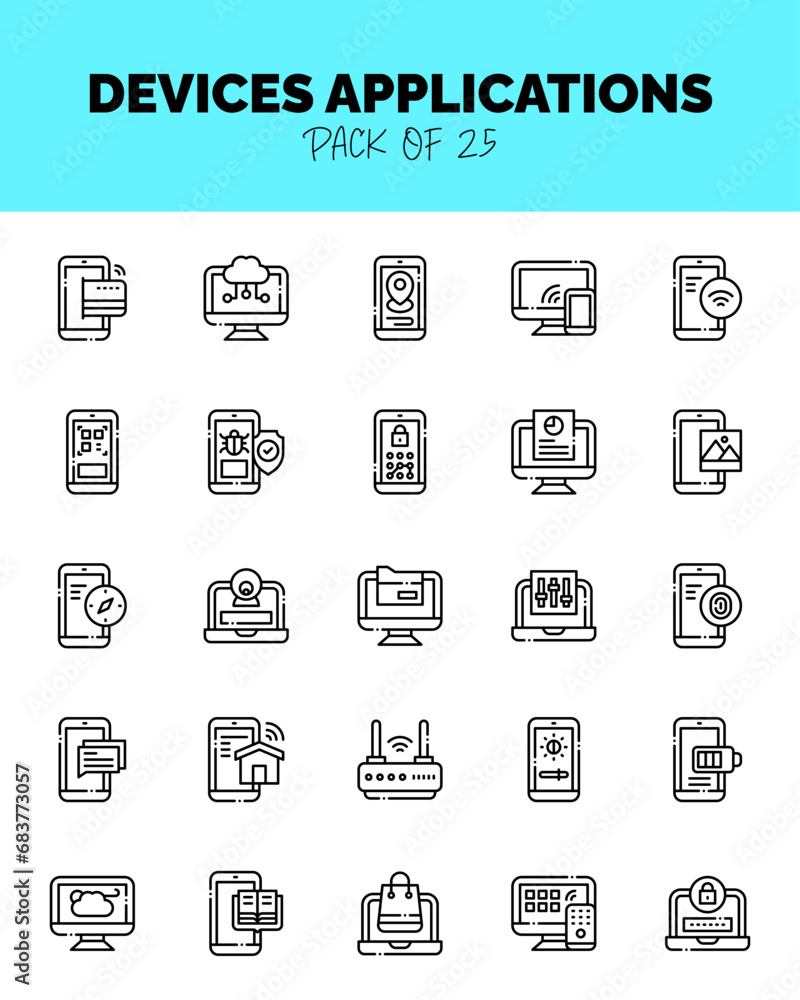 set of Devices Applications Lineal Cut icons for logo & web. Vector illustration