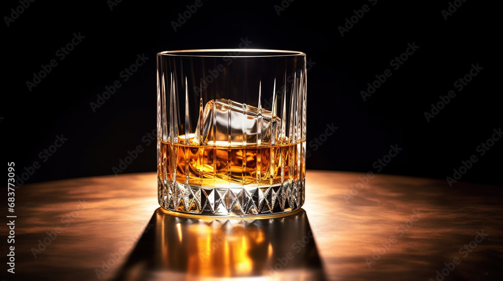 A Tumbler Glass of Whiskey Placed On A Black Leather Surface Blurry Background