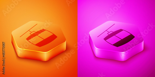 Isometric Cable car icon isolated on orange and pink background. Funicular sign. Hexagon button. Vector