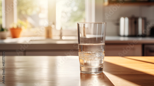 A glass of water sitting on a counter top