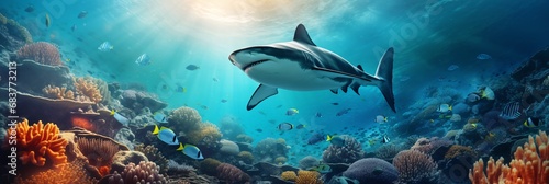 a shark swimming in coral reef hyperrealistic animal illustrations wallpaper © IgnacioJulian