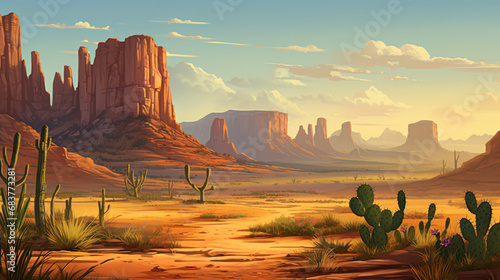 A desert scene with a cactus and mountains