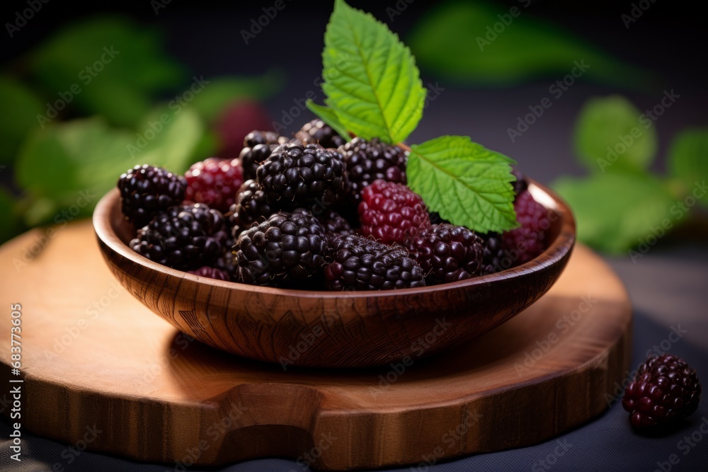A close-up shot of freshly picked mulberries in a rustic wooden bowl on a vintage table, with soft sunlight filtering through the leaves of a nearby mulberry tree A close-up shot of freshly picked mulberries in a rustic wooden bowl on a vintage table, with soft sunlight filtering through the leaves of a nearby mulberry tree