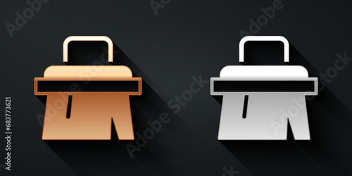 Gold and silver Sauna brush icon isolated on black background. Wooden brush with coarse bristles for washing in the bath. Anti cellulite massage. Long shadow style. Vector