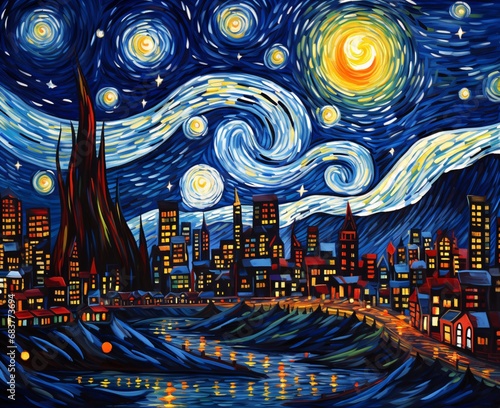 painting of a city starry night on canvas for the use of neo-expressionism oil paintings photo