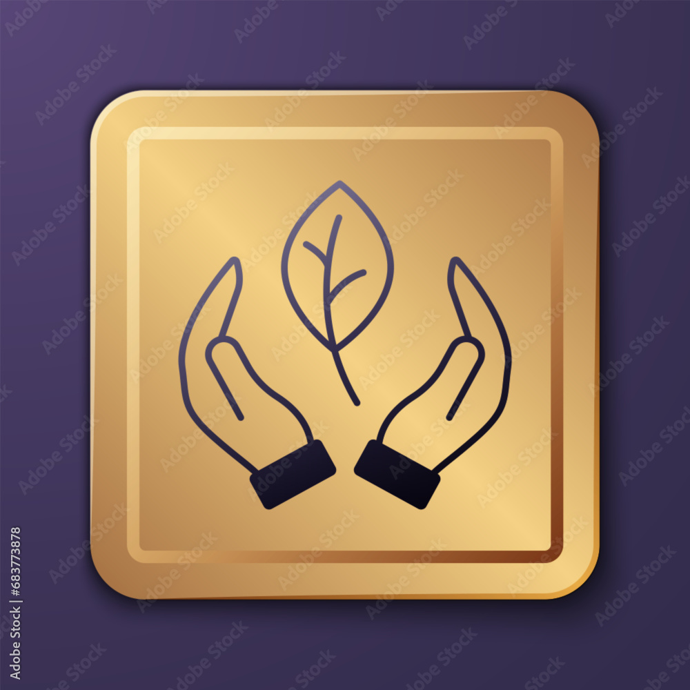 Purple Hand hold a leaf of the plant icon isolated on purple background. Care nature. Leaf shoots with environmental protection. Gold square button. Vector Purple Hand hold a leaf of the plant icon isolated on purple background. Care nature. Leaf shoots with environmental protection. Gold square button. Vector