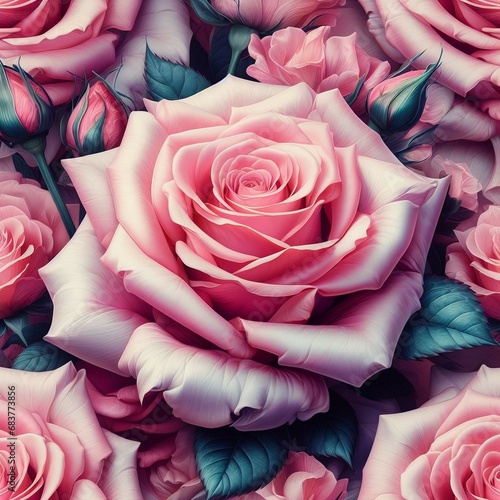 Pink Rose Seamless floral pattern fabric background design.Retro Vintage Flower Elegant Isolated Motif Texture Wallpaper Illustration.Beautiful Decoration Textile Ornate Element Vector Art