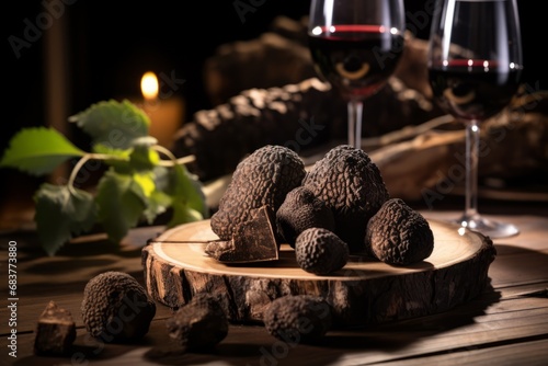 A close-up shot of luxurious black truffles freshly harvested from the earth, resting on a rustic wooden table, with a truffle slicer and a glass of red wine in the background photo