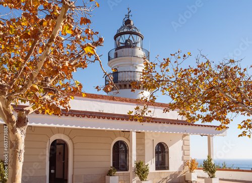 Calella Lighthouse, Spain - Autumnal Tree Framing Coastal Landmark in Winter Light