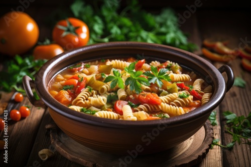 Vegetarian pasta soup on a wooden table