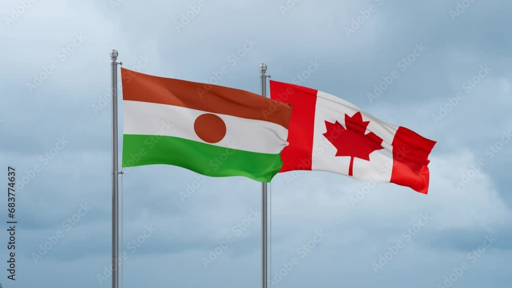 Canada and Niger flag waving together on cloudy sky, endless seamless loop, two country cooperation concept Canada and Niger flag waving together on cloudy sky, endless seamless loop, two country cooperation concept
