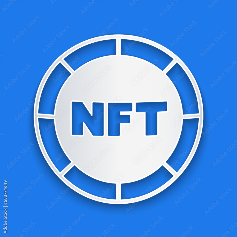 Paper cut NFT Digital crypto art icon isolated on blue background. Non fungible token. Paper art style. Vector Paper cut NFT Digital crypto art icon isolated on blue background. Non fungible token. Paper art style. Vector