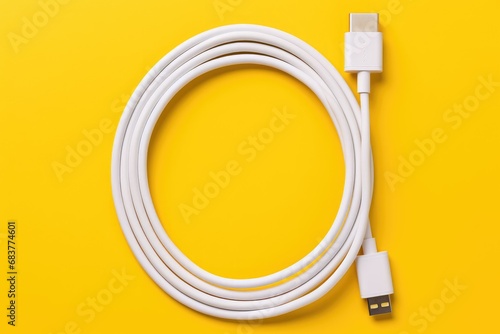 White Apple lightning to USB C cable coiled on yellow backdrop