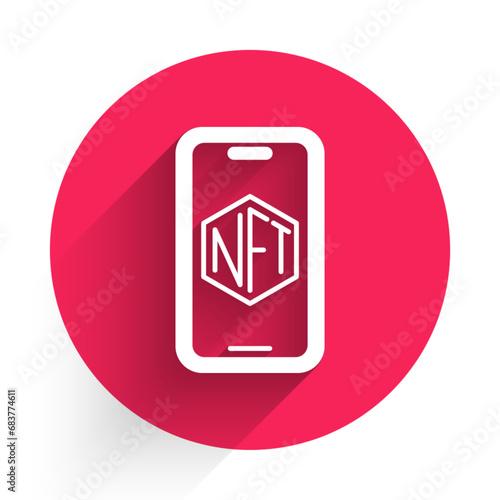 White Mobile with art store app icon isolated with long shadow background. Technology of selling NFT tokens for cryptocurrency. Non fungible token. Red circle button. Vector