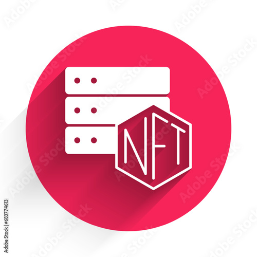 White NFT blockchain technology icon isolated with long shadow background. Non fungible token. Digital crypto art concept. Red circle button. Vector