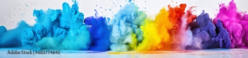 rainbow colored powder is spray painted on the background of white background impressionist collages with primary colors light blue and green, header size