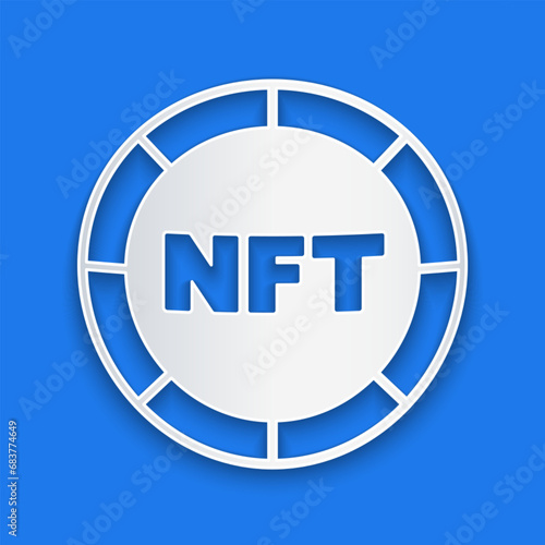 Paper cut NFT Digital crypto art icon isolated on blue background. Non fungible token. Paper art style. Vector