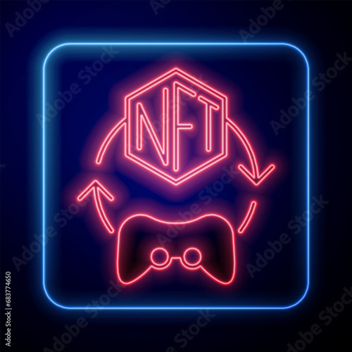 Glowing neon NFT Digital crypto art icon isolated on black background. Non fungible token. Vector