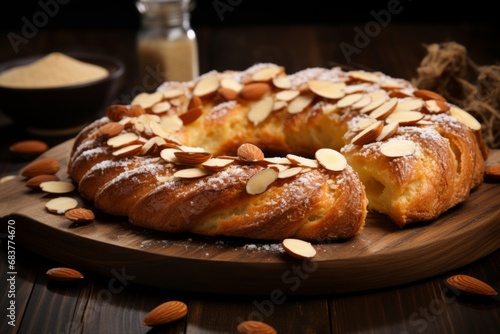 A traditional Danish Kringle pastry, beautifully braided and topped with crunchy sliced almonds and powdered sugar, served on a rustic wooden table with a cup of coffee