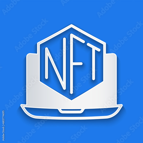 Paper cut Laptop with art store app icon isolated on blue background. Technology of selling NFT tokens for cryptocurrency. Non fungible token concept. Paper art style. Vector