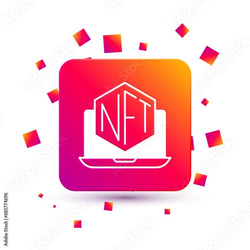 White Laptop with art store app icon isolated on white background. Technology of selling NFT tokens for cryptocurrency. Non fungible token concept. Square color button. Vector
