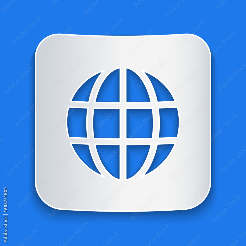 Paper cut Worldwide icon isolated on blue background. Pin on globe. Paper art style. Vector Paper cut Worldwide icon isolated on blue background. Pin on globe. Paper art style. Vector
