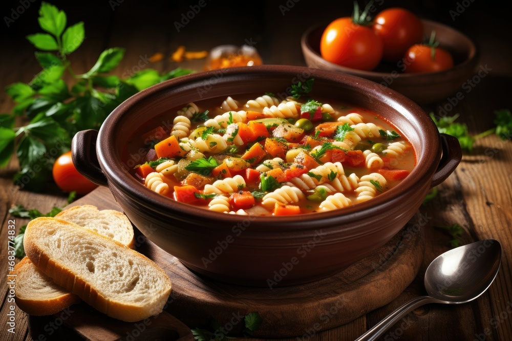 Vegetarian pasta soup on a wooden table Vegetarian pasta soup on a wooden table