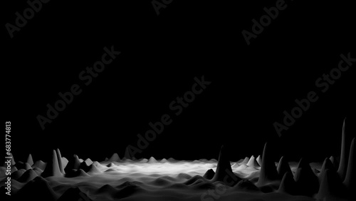 Abstract seething waves. Isometry 3d square area. Abstract landscape background. 3D technology animated landscape. Digital Terrain Cyberspace. Black on White. Scary place on an uncharted planet photo