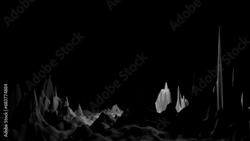 Abstract seething waves. Isometry 3d square area. Abstract landscape background. 3D technology animated landscape. Digital Terrain Cyberspace. Black on White. Scary place on an uncharted planet
