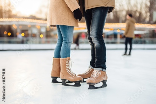 Couple ice skating on rink photographed closely