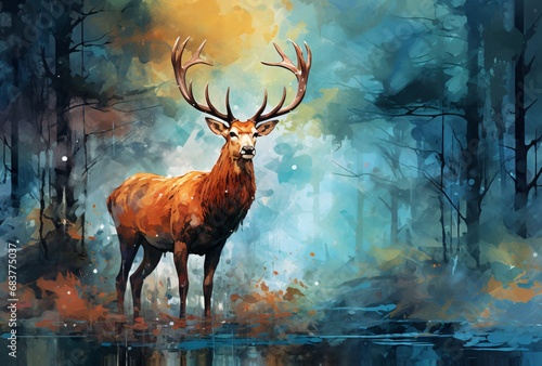 red deer watercolor painting  multiple filter effect  dark cyan and amber  english painter