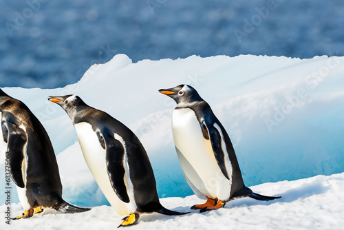 Penguins. Penguins on the iceberg behind the snow bank. In Antarctica. Penguin Awareness Day. January 20. 2024.