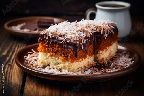 A close-up shot of a delicious Lamington  an Australian dessert  with its sponge cake center  chocolate coating  and shredded coconut topping  served on a rustic wooden table