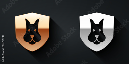 Gold and silver Animal health insurance icon isolated on black background. Pet protection concept. Dog or cat paw print. Long shadow style. Vector