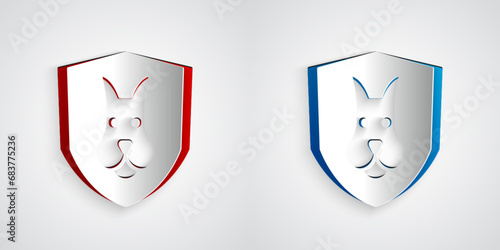 Paper cut Animal health insurance icon isolated on grey background. Pet protection concept. Dog or cat paw print. Paper art style. Vector