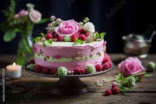 A beautifully decorated Swedish Princess Cake, with its distinctive green marzipan covering and pink rose adornment, sitting elegantly on a rustic wooden table
