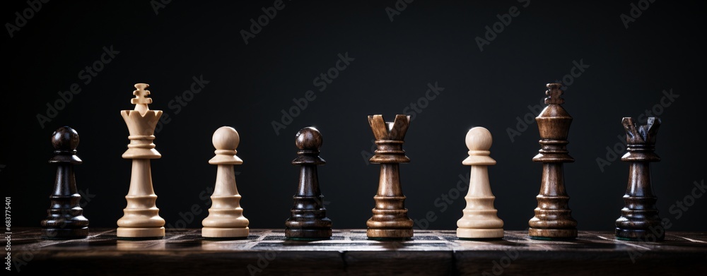 several chess pieces on a board against a dark background, banner, header several chess pieces on a board against a dark background, banner, header