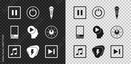 Set Pause button, Power, Microphone, Music note, tone, Guitar pick, Fast forward, Voice assistant and Head people with play icon. Vector
