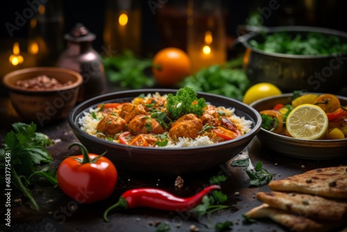 A traditional Tu dish beautifully presented on a wooden table, surrounded by fresh ingredients and spices, under the warm glow of a rustic kitchen setting