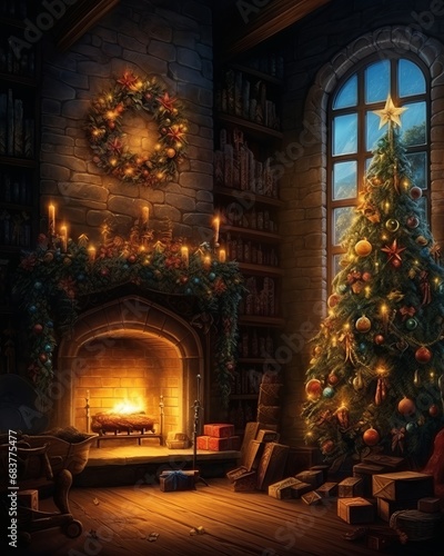 interior christmas. magic glowing tree  fireplace  gifts in dark 