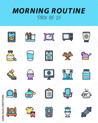 set of Morning routine Lineal Color icons for logo & web. Vector illustration