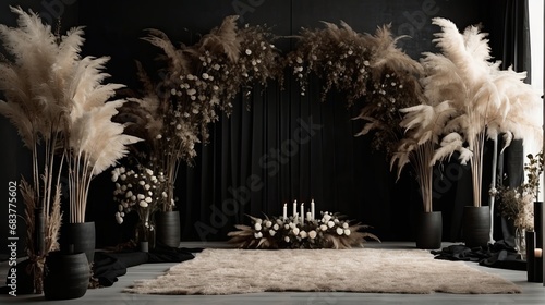 Backdrop of black boho minimalist room with arch and flowing black curtains, white wedding flowers, oversize black pampas grass, oversize black ginko flowers, wedding backdrop, maternity backdrop photo