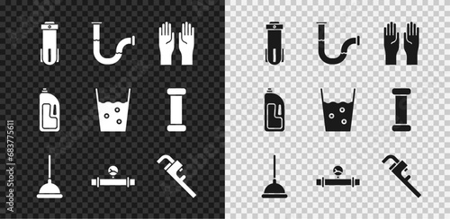 Set Water filter, Industry metallic pipe, Rubber gloves, plunger, and manometer, Pipe adjustable wrench, Container with drain cleaner and Glass water icon. Vector