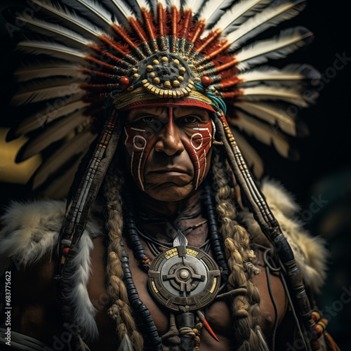 Native American Warrior in Ceremonial Attire © JJS Creative