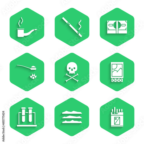 Set Skull on crossbones, Cocaine or heroin drug, Open cigarettes pack box, matchbox and matches, Test tube flask, Heroin spoon, Stacks paper money cash and Smoking pipe icon. Vector