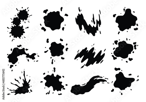 Paint blot icon set. Splashes set for design use. Colorful grunge shapes collection. Dirty stains and silhouettes. Black ink splashes