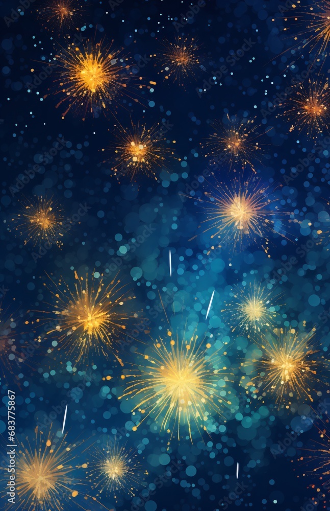 shiny and bright fireworks on a blue background, light amber and navy, sparklecore